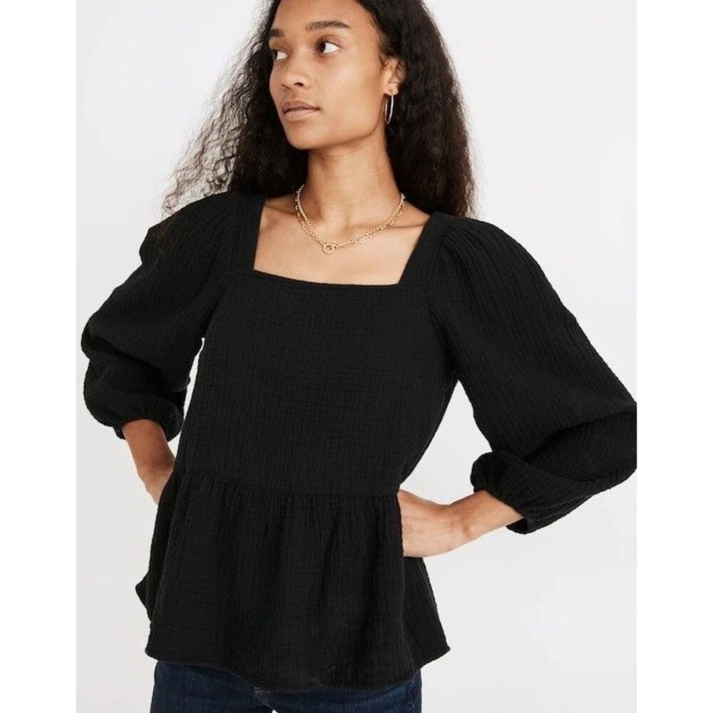 MADEWELL Lightspun Millbrook Puff-Sleeve Peplum Top XS Black Gauze Relax NWT B99